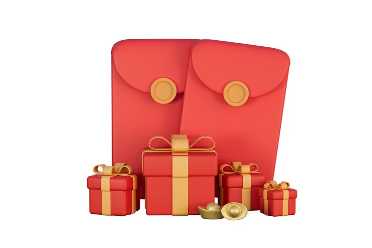 Illustration 3D de l'enveloppe rouge et des cadeaux.