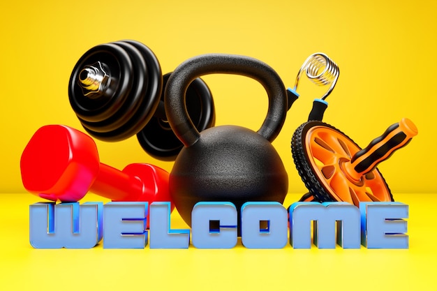 Illustration 3d de l'équipement sportif et de l'inscription Bienvenue Équipement sportif Kettlebell Haltère Bande élastique pour le sport Rouleau de gymnastique pour la presse Bannière du magasin de jeux de sport