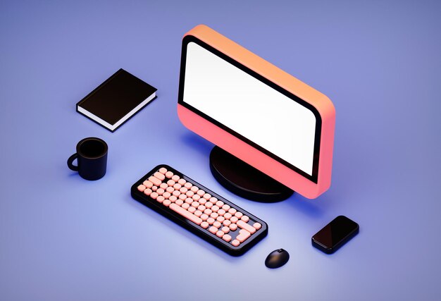 Photo illustration 3d de l'espace de travail de jouet créatif pour la scène isométrique d'étude et d'affaires sur la table avec clavier