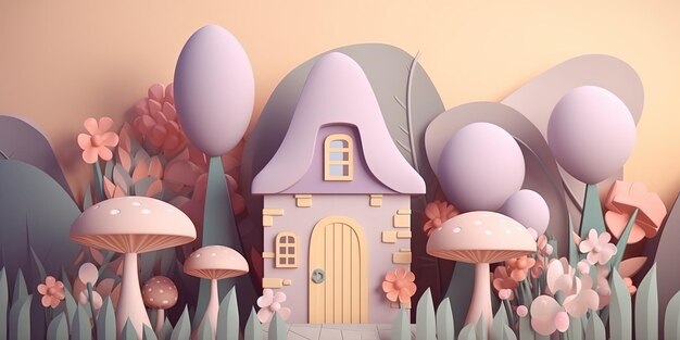 Photo illustration 3d d'une fabuleuse maison dans des couleurs pastel fairly world story