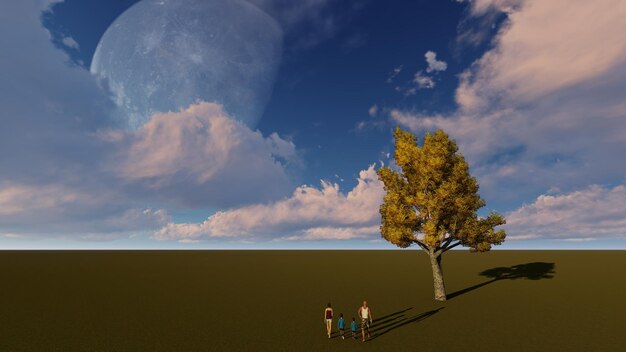 Illustration 3D d'une famille sur un pré près de la rive du ciel bleuRendu 3D