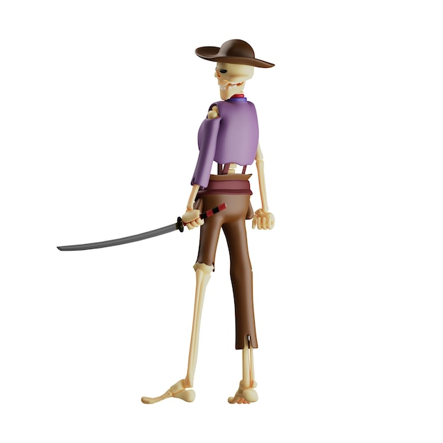 Illustration 3D Fearless 3D Skull Cowboy Personnage de dessin animé tenant une épée dans une pose inverse du corps