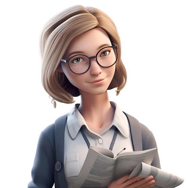 Illustration 3D d'une femme d'affaires avec des lunettes lisant un journal