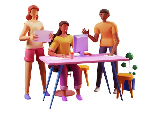 Illustration 3D d'une femme d'affaires travaillant sur une discussion de bureau avec des employés au bureau ou sur le lieu de travail.