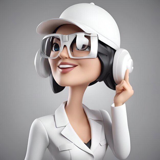 Photo illustration 3d d'une femme architecte portant un casque blanc et des écouteurs