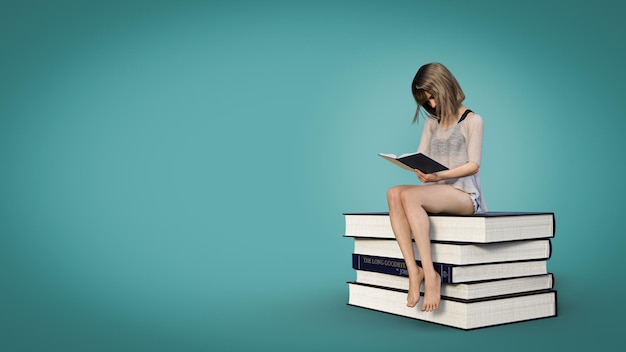 Illustration 3d Femme lisant un livre assis sur une pile de livres rendu 3D