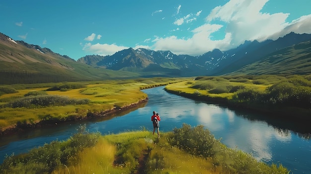 Illustration 3D d'une femme marchant le long d'une rivière dans les montagnes