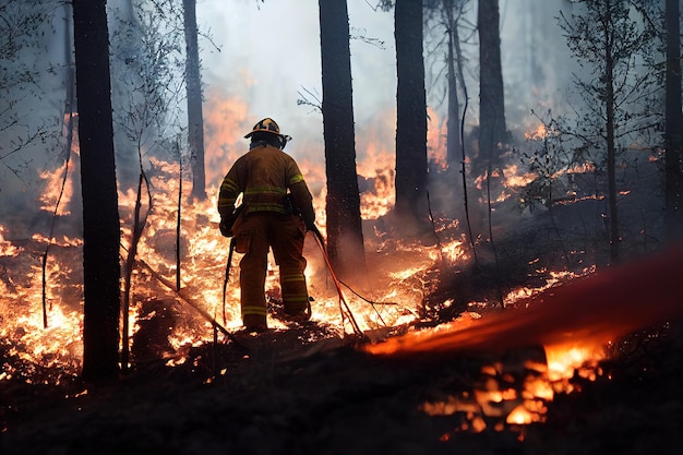 illustration 3d d'un feu de forêt brûlant à travers une catastrophe forestière catastrophe homme de feu éteindre le feu