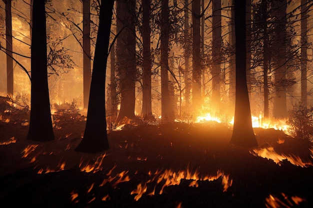 illustration 3d d'un feu de forêt brûlant à travers une catastrophe forestière
