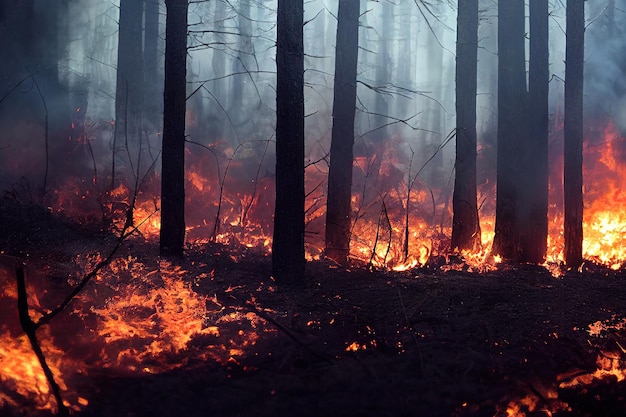 illustration 3d d'un feu de forêt brûlant à travers une catastrophe forestière