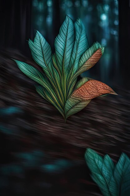 Illustration 3D d'une feuille dans une forêt sombre avec un fond sombre