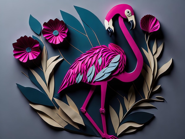 Illustration 3D avec des feuilles tropicales, des fleurs et des feuilles de flamants roses Illustration 3D pour votre conception