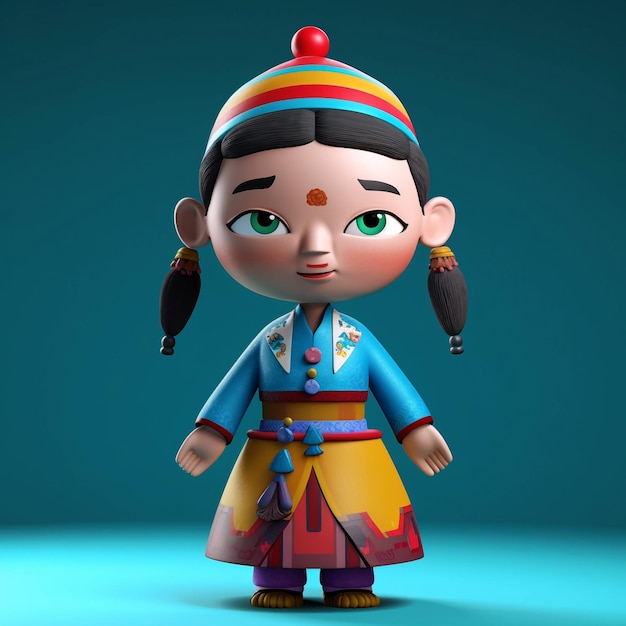 Illustration 3d d'une fille du Tibet avec une robe tibétaine colorée traditionnelle sur fond bleu