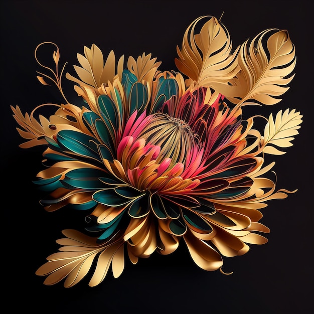 Une illustration 3d d'une fleur avec des feuilles et des fleurs d'or.