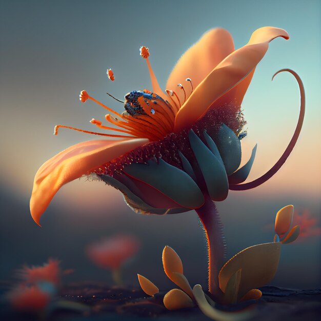 Illustration 3d d'une fleur orange sur un fond de coucher de soleil rendu 3d