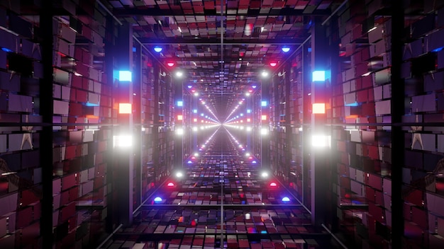 Illustration 3D de fond abstrait 4K UHD de couloir en forme de carré lumineux conçu dans le style du drapeau américain avec des lumières rouges et bleues brillantes