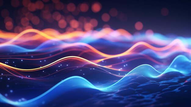 Illustration 3D d'un fond abstrait avec des ondes dynamiques et des particules lumineuses générées