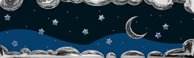 Illustration 3d avec un fond gris avec des nuages et des étoiles de lune de chrome bleu et jaune