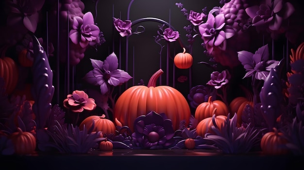 Illustration 3D de fond d'Halloween avec des citrouilles et des fleurs sur fond violet rendu 3D