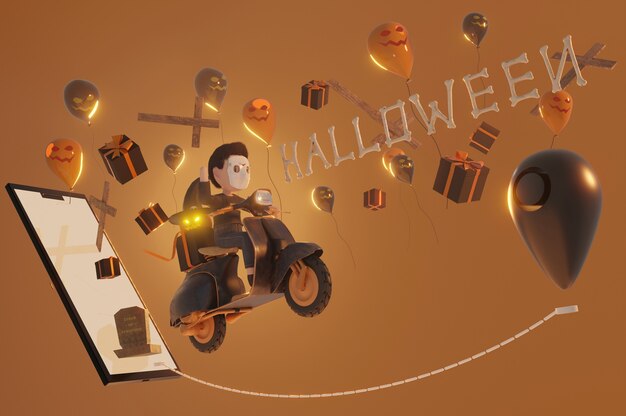 illustration 3D. Fond d'Halloween. donner un bon, une bannière, une affiche ou un arrière-plan, un style d'art et d'artisanat en papier, un concept d'achat en ligne.