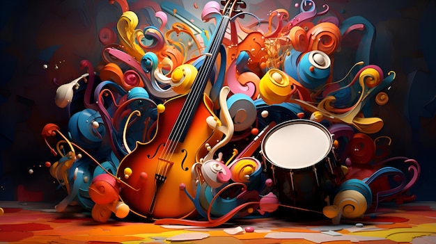 Photo illustration 3d d'un fond musical coloré avec un violoncelle et des notes