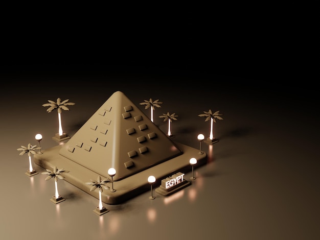 Illustration 3d Fond de ville égyptienne avec pyramide comme point de repère et espace vert en néon