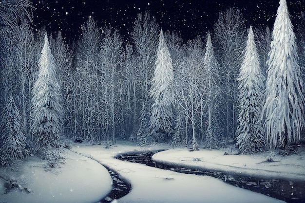 Illustration 3D de la forêt gelée de la nuit de Noël enneigée