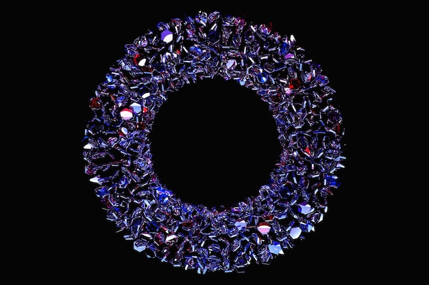 Illustration 3D d'une forme de tore rougeoyant violet sur fond noir isolé