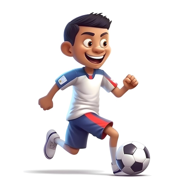 Illustration 3D d'un garçon courant avec un ballon de football isolé sur fond blanc