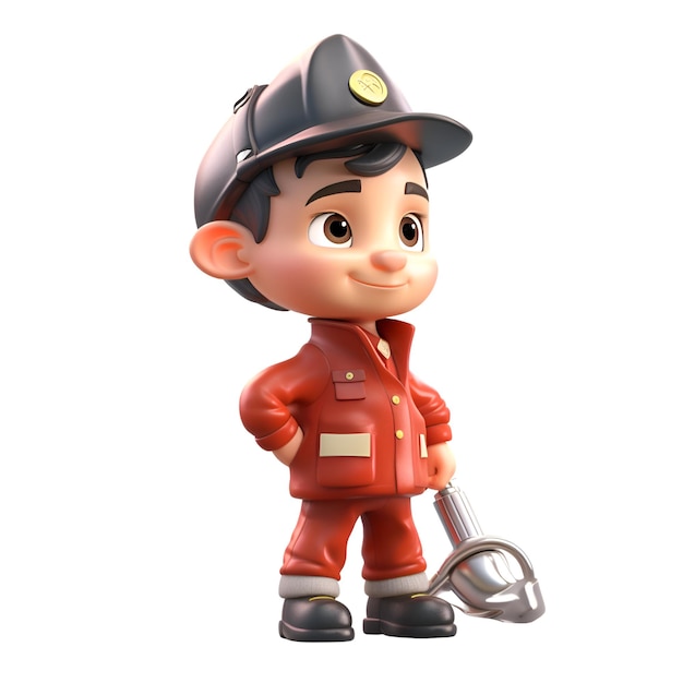 Illustration 3D d'un garçon habillé en pompier avec une clé