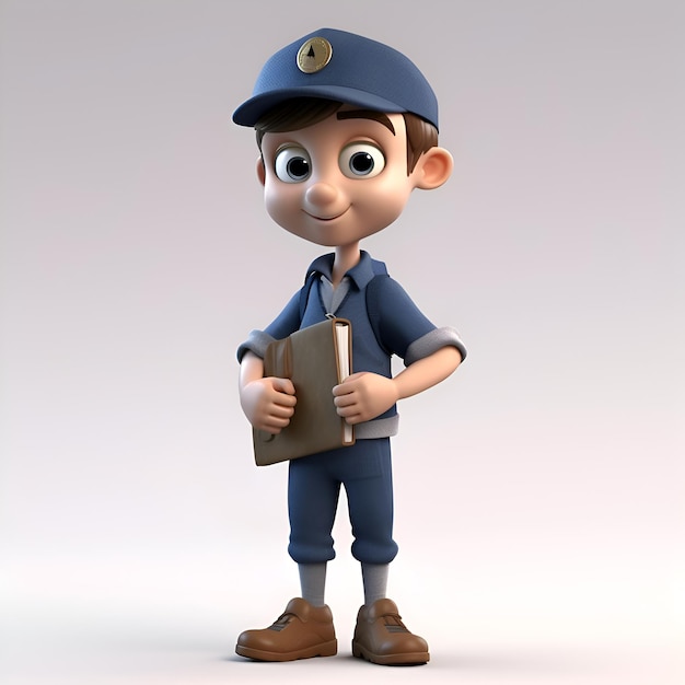 Illustration 3D d'un garçon en uniforme de police tenant un livre