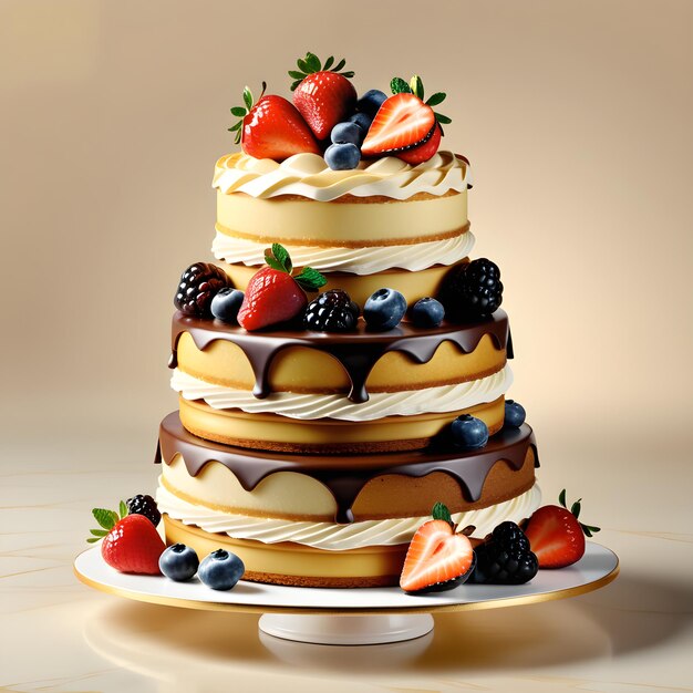 Illustration 3D d'un gâteau avec de la crème et des baies