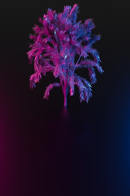 Illustration 3D d'un grand arbre à feuilles caduques néon sous une lumière rose et bleue avec plusieurs ombres