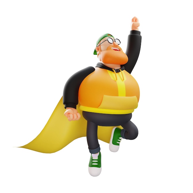 Illustration 3D Gros homme de dessin animé 3D montrant une pose volante portant une robe jaune sur le corps