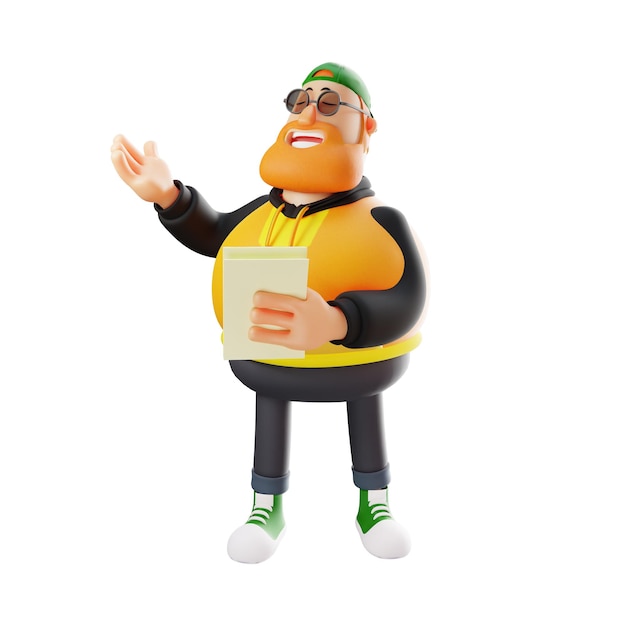 Illustration 3D Gros homme de dessin animé 3D portant du papier à la main avec une pose expliquant les mains levées