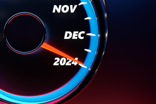 Illustration 3D Gros plan sur le panneau automobile avec compteur de vitesse et tachymètre qui dit Joyeux Noël 2023 2024 Le concept de la nouvelle année et de Noël dans le domaine automobile