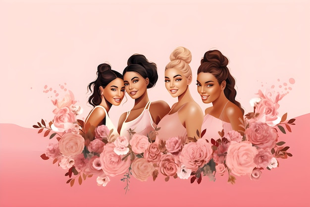 Illustration 3d d'un groupe de belles femmes avec des fleurs dans les cheveux Ai Généré