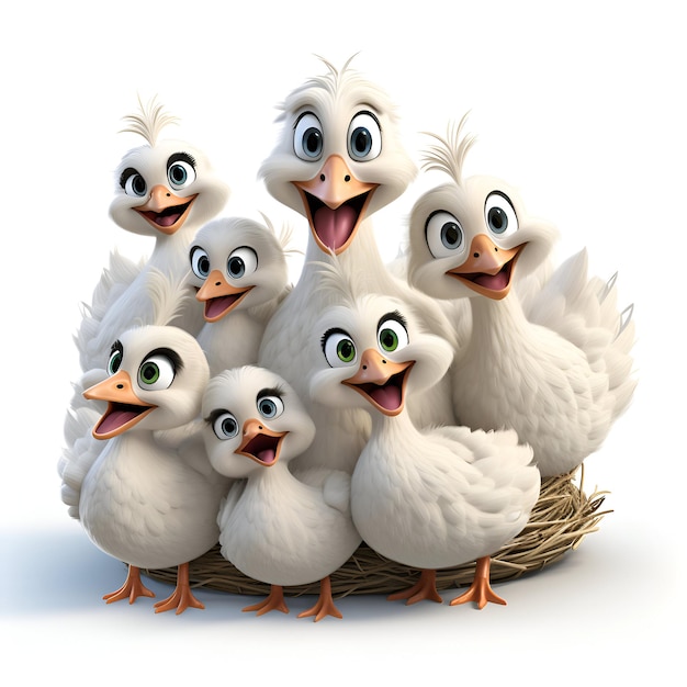 Illustration 3D d'un groupe de canards blancs dans un nid