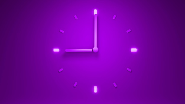 Illustration 3D de l'heure de l'horloge violette rétroéclairée Rendu 3D subtil