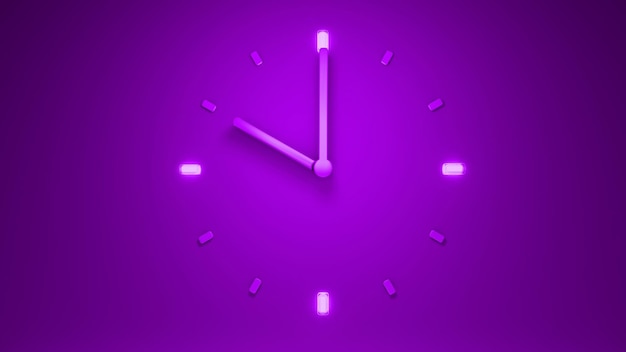 Illustration 3D de l'heure de l'horloge violette rétroéclairée Rendu 3D subtil