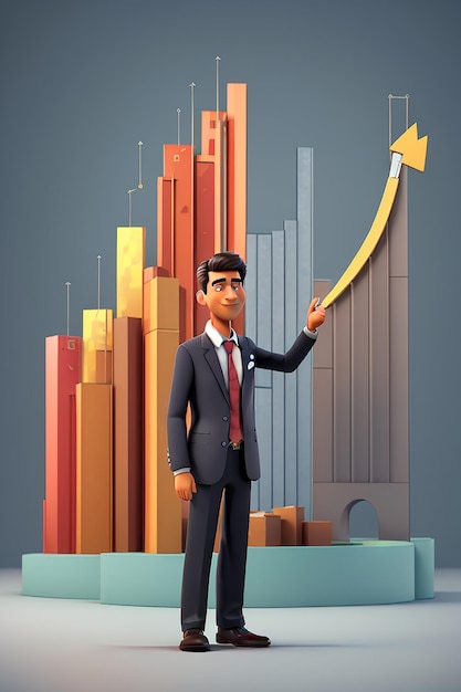 Illustration 3D d'un homme d'affaires ou d'un employé présentant les bénéfices de l'entreprise sur un graphique à barres