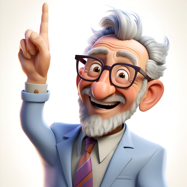 Illustration 3D d'un homme âgé heureux pointant vers le haut avec son doigt