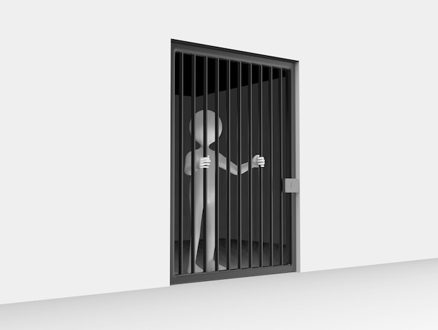 Photo illustration 3d d'un homme de dessin animé debout derrière les barreaux de la prison