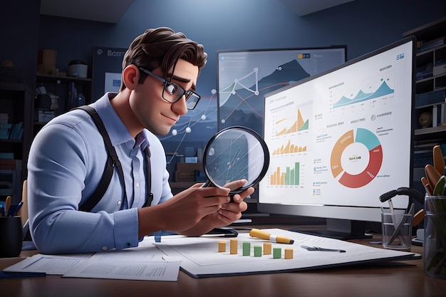 Illustration 3D d'un homme avec une énorme loupe recherchant un tableau de bord d'entreprise avec des graphiques et des infographies