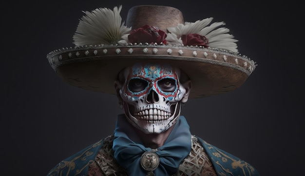 Illustration 3D d'un homme habillé pour le jour mexicain des morts ai générative