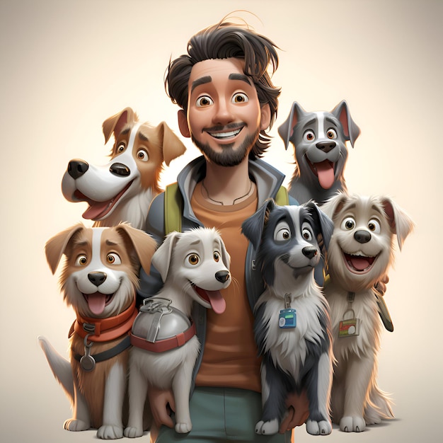 Illustration 3D d'un homme heureux avec beaucoup de chiens dans ses bras