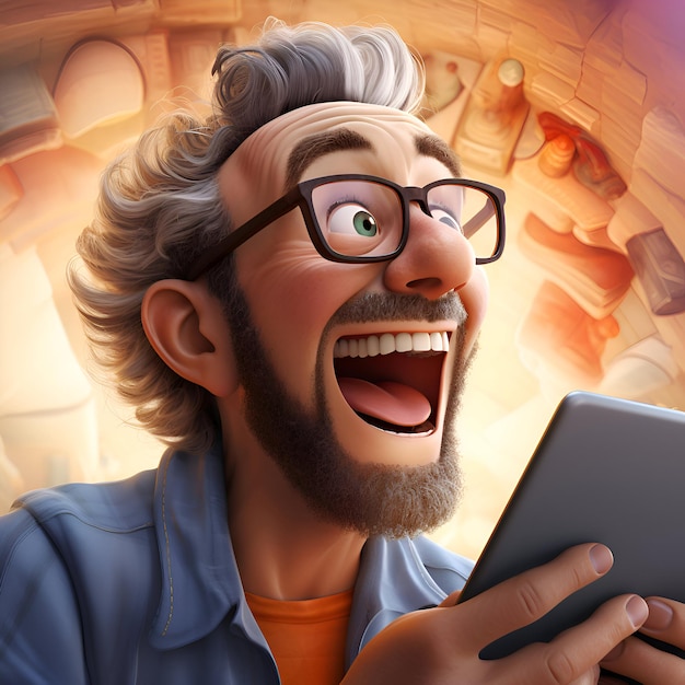 Illustration 3D d'un homme heureux avec des lunettes et un téléphone portable