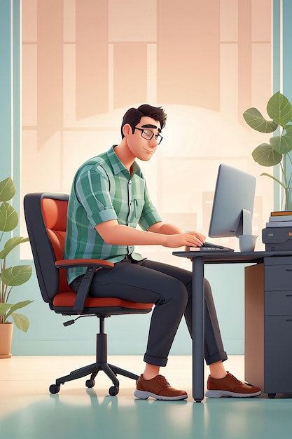 Illustration 3D d'un homme travaillant sur l'ordinateur