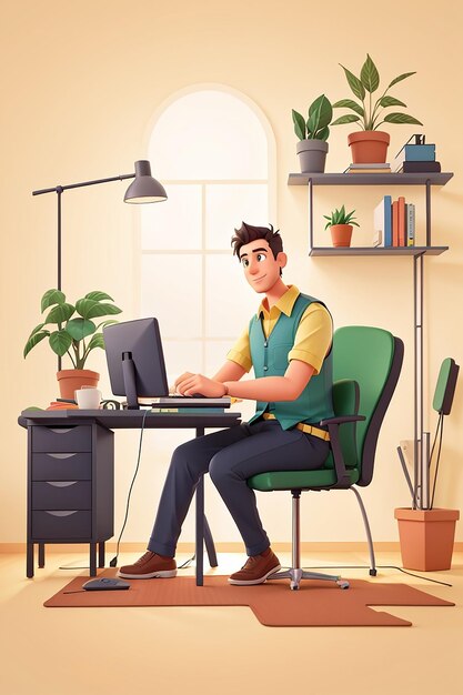 Illustration 3D d'un homme travaillant sur l'ordinateur