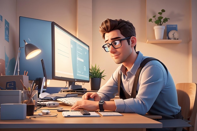 Illustration 3D d'un homme travaillant sur l'ordinateur